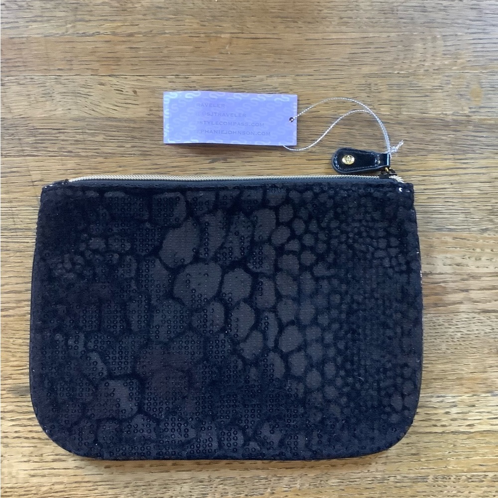 NWT Stephanie Johnson black sequined zippered pouch